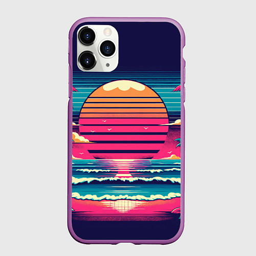 Чехол iPhone 11 Pro матовый Закат на пляже vaporwave / 3D-Фиолетовый – фото 1