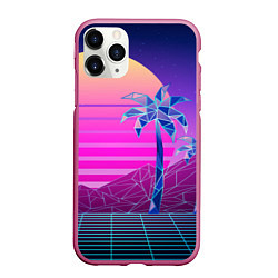 Чехол iPhone 11 Pro матовый Vaporwave неоновые горы и пальмы, цвет: 3D-малиновый