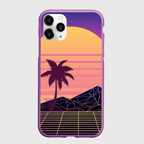 Чехол iPhone 11 Pro матовый Vaporwave геометрические горы и силуэты пальм / 3D-Фиолетовый – фото 1