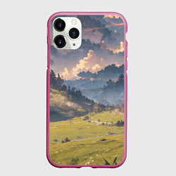 Чехол iPhone 11 Pro матовый Зелёное поле и небо - аниме, цвет: 3D-малиновый