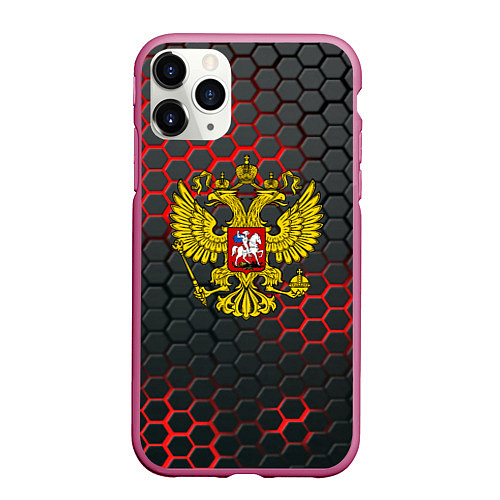 Чехол iPhone 11 Pro матовый Герб РФ соты броня / 3D-Малиновый – фото 1