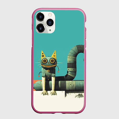 Чехол iPhone 11 Pro матовый Механический зеленый кот / 3D-Малиновый – фото 1