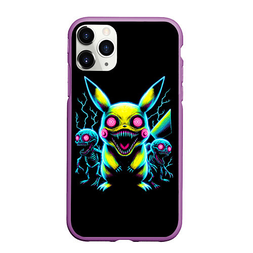 Чехол iPhone 11 Pro матовый Pikachu and skeletons - neon glow ai art / 3D-Фиолетовый – фото 1