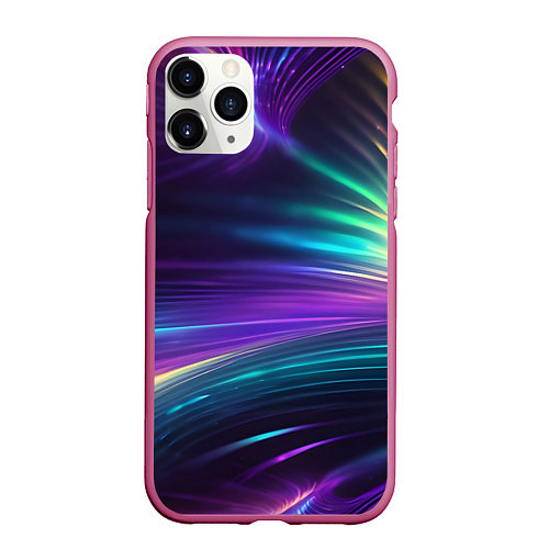 Чехол iPhone 11 Pro матовый Неоновые лучи на фиолетовом фоне / 3D-Малиновый – фото 1