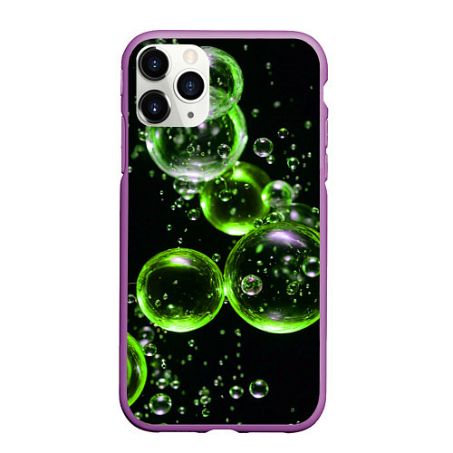 Чехол iPhone 11 Pro матовый Зеленые пузыри на черном / 3D-Фиолетовый – фото 1