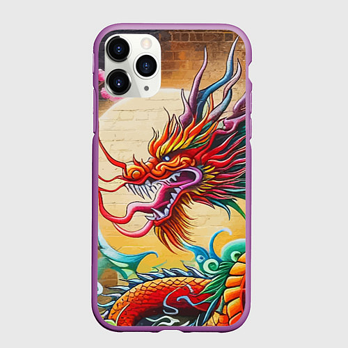Чехол iPhone 11 Pro матовый Дракон на фоне солнца и сакуры - граффити / 3D-Фиолетовый – фото 1