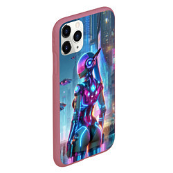 Чехол iPhone 11 Pro матовый Cyberpunk girl - neon glow ai art, цвет: 3D-малиновый — фото 2