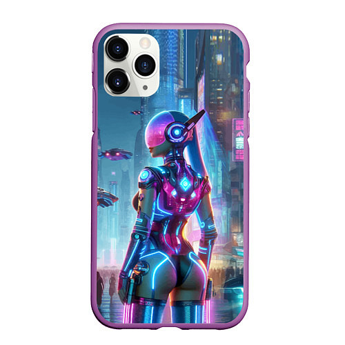 Чехол iPhone 11 Pro матовый Cyberpunk girl - neon glow ai art / 3D-Фиолетовый – фото 1