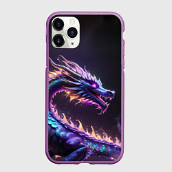 Чехол iPhone 11 Pro матовый Неоновый сиреневый дракон на черном фоне, цвет: 3D-фиолетовый