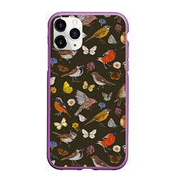 Чехол iPhone 11 Pro матовый Птицы и бабочки с цветами паттерн