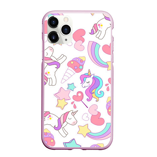 Чехол iPhone 11 Pro матовый Единорог мороженое радуга и звездочки / 3D-Розовый – фото 1