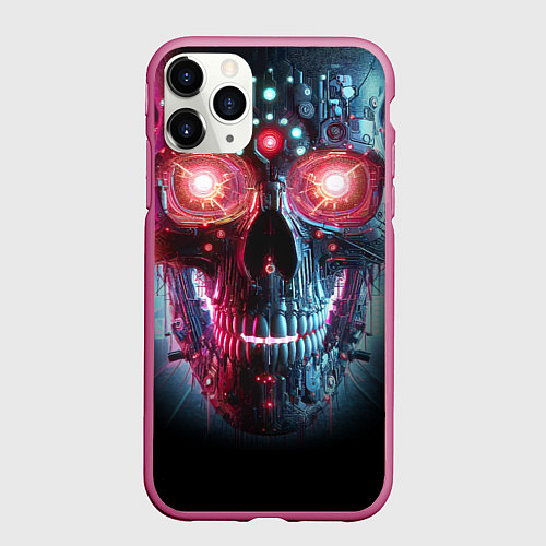 Чехол iPhone 11 Pro матовый Неоновый кибер череп - нейросеть / 3D-Малиновый – фото 1