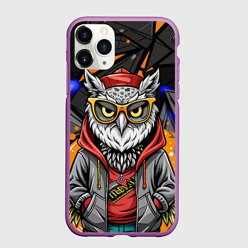 Чехол iPhone 11 Pro матовый Модная сова и оранжевые вставки / 3D-Фиолетовый – фото 1
