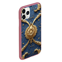 Чехол iPhone 11 Pro матовый Золотые узоры на синей ткани, цвет: 3D-малиновый — фото 2