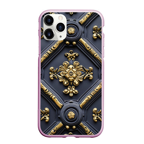 Чехол iPhone 11 Pro матовый Классические объемные золотые узоры / 3D-Розовый – фото 1