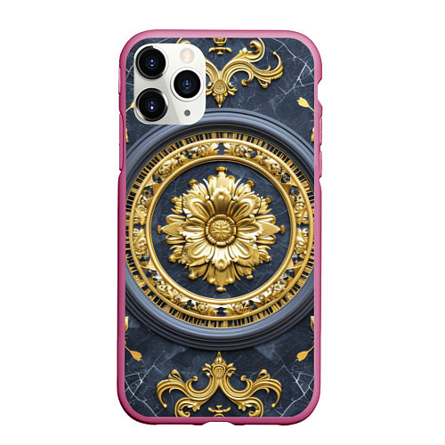 Чехол iPhone 11 Pro матовый Объемные золотые классические узоры / 3D-Малиновый – фото 1