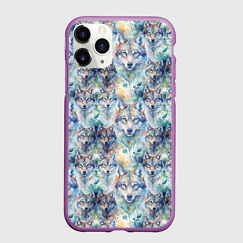 Чехол iPhone 11 Pro матовый Паттерн из волков / 3D-Фиолетовый – фото 1
