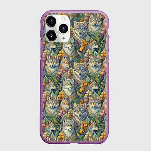 Чехол iPhone 11 Pro матовый Волки паттерн / 3D-Фиолетовый – фото 1