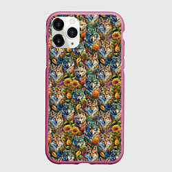 Чехол iPhone 11 Pro матовый Волки паттерн, цвет: 3D-малиновый
