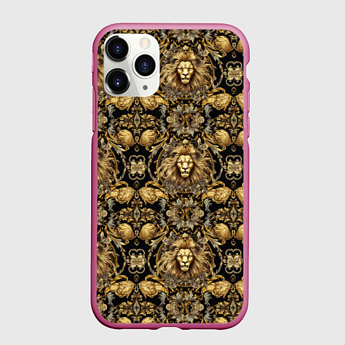 Чехол iPhone 11 Pro матовый Головы львов золотой паттерн / 3D-Малиновый – фото 1