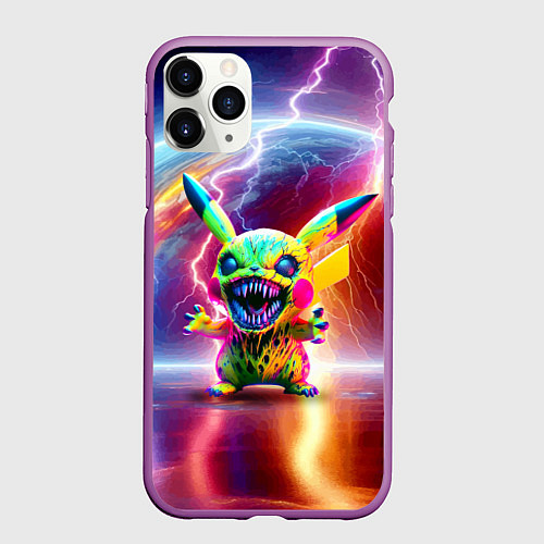 Чехол iPhone 11 Pro матовый Монстр Пикачу - неоновое свечение / 3D-Фиолетовый – фото 1