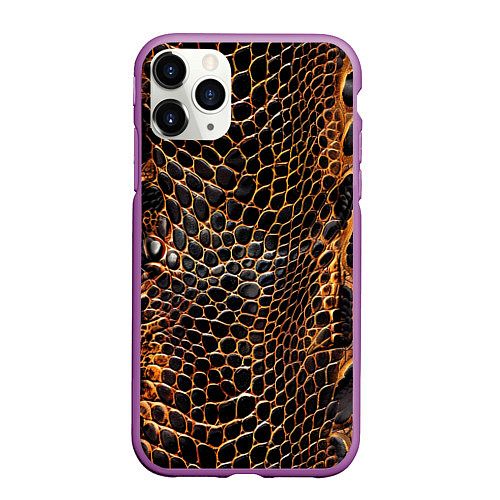 Чехол iPhone 11 Pro матовый Реалистичная кожа змеи темно коричневая / 3D-Фиолетовый – фото 1