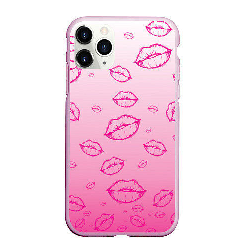 Чехол iPhone 11 Pro матовый Паттерн малиновые губы на розовом градиент - lips / 3D-Розовый – фото 1