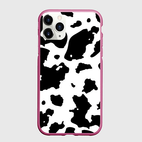 Чехол iPhone 11 Pro матовый Черно белый коровий узор / 3D-Малиновый – фото 1
