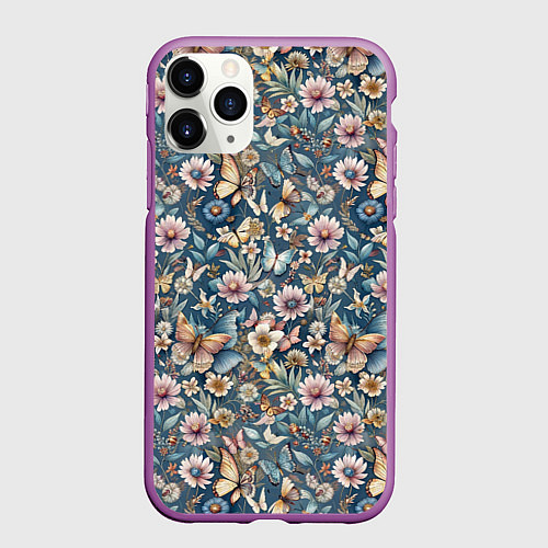 Чехол iPhone 11 Pro матовый Летний узор с цветами и бабочками / 3D-Фиолетовый – фото 1