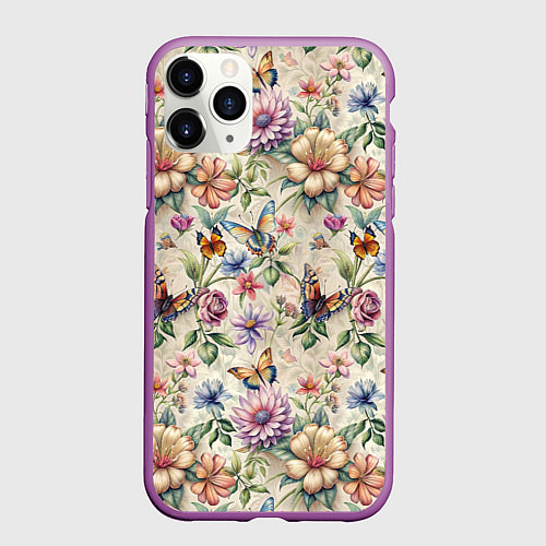Чехол iPhone 11 Pro матовый Летний узор с цветами и бабочками / 3D-Фиолетовый – фото 1