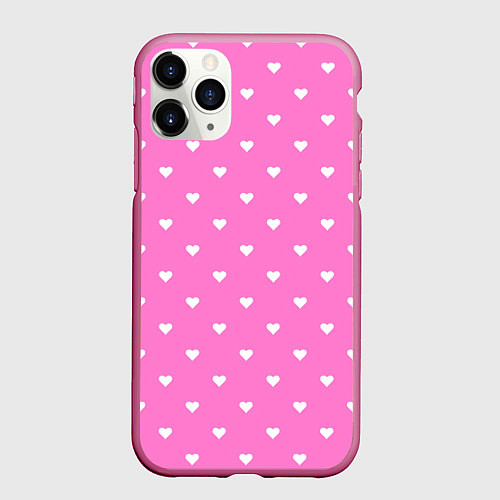 Чехол iPhone 11 Pro матовый Розовый в маленькие белые сердечки / 3D-Малиновый – фото 1