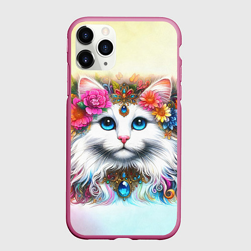 Чехол iPhone 11 Pro матовый Белый кот с голубыми глазами в цветах / 3D-Малиновый – фото 1