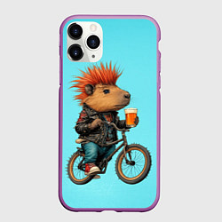Чехол iPhone 11 Pro матовый Капибара байкер с ирокезом и пивом