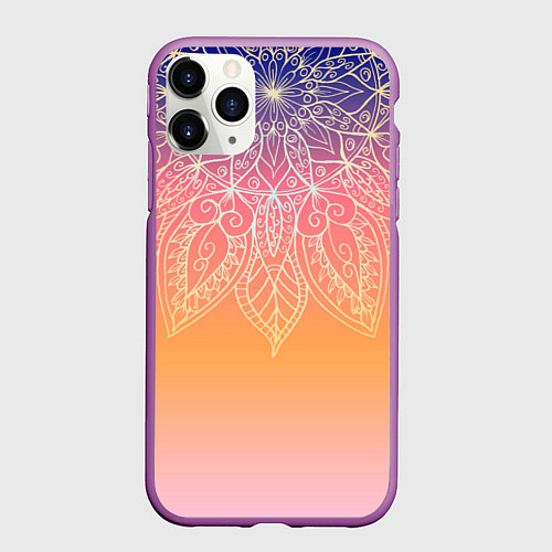 Чехол iPhone 11 Pro матовый Сине-оранжевый градиент с узором мандала / 3D-Фиолетовый – фото 1