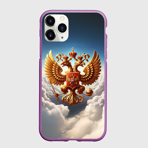 Чехол iPhone 11 Pro матовый Герб России в облаках / 3D-Фиолетовый – фото 1