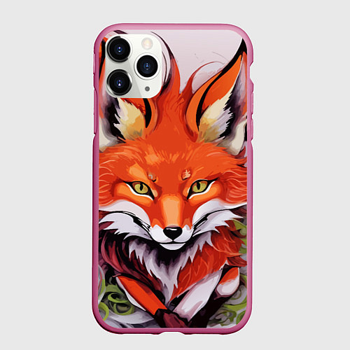 Чехол iPhone 11 Pro матовый Лиса Кицунэ в японском стиле / 3D-Малиновый – фото 1