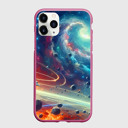 Чехол iPhone 11 Pro матовый Полет к далёкой планете - нейросеть / 3D-Малиновый – фото 1