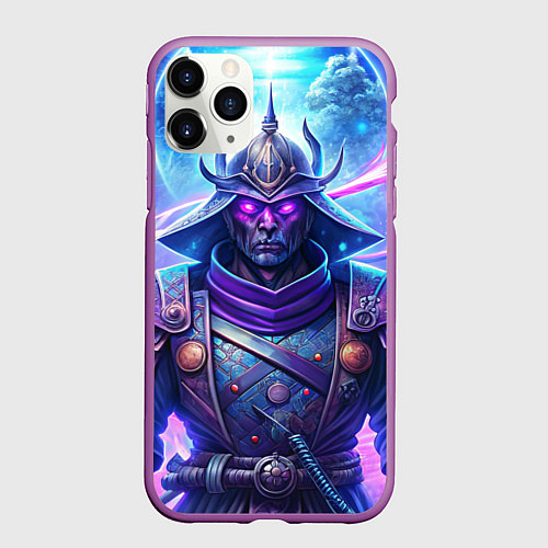 Чехол iPhone 11 Pro матовый Самурай ледяной фэнтезийный синий стиль - вьюга / 3D-Фиолетовый – фото 1