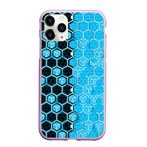 Чехол iPhone 11 Pro матовый Техно-киберпанк шестиугольники голубой и чёрный / 3D-Розовый – фото 1