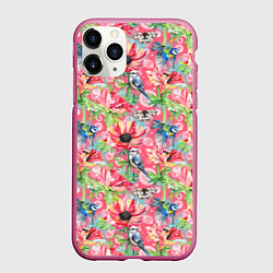 Чехол iPhone 11 Pro матовый Синицы и маки на розовом, цвет: 3D-малиновый