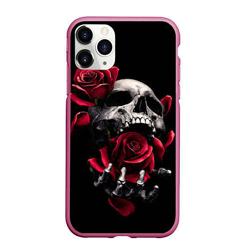 Чехол iPhone 11 Pro матовый Череп и роза / 3D-Малиновый – фото 1