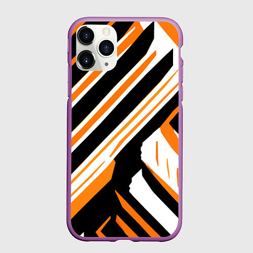 Чехол iPhone 11 Pro матовый Чёрно-оранжевые полосы на белом фоне / 3D-Фиолетовый – фото 1