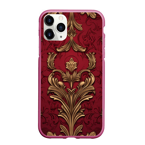 Чехол iPhone 11 Pro матовый Объемный золотой узор лепнины на красном текстурно / 3D-Малиновый – фото 1