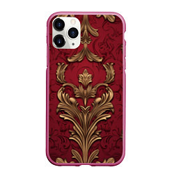 Чехол iPhone 11 Pro матовый Объемный золотой узор лепнины на красном текстурно