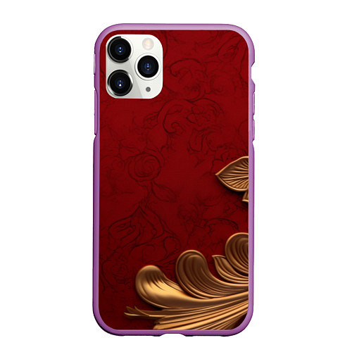 Чехол iPhone 11 Pro матовый Объемный золотой лист на красном текстурном фоне / 3D-Фиолетовый – фото 1