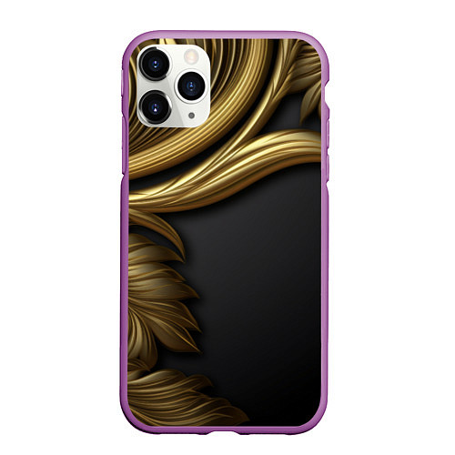 Чехол iPhone 11 Pro матовый Золотые объемные листья на черном / 3D-Фиолетовый – фото 1