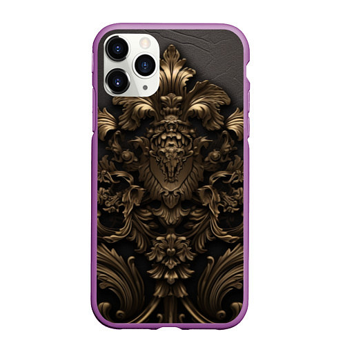Чехол iPhone 11 Pro матовый Золотистая корона и узоры / 3D-Фиолетовый – фото 1