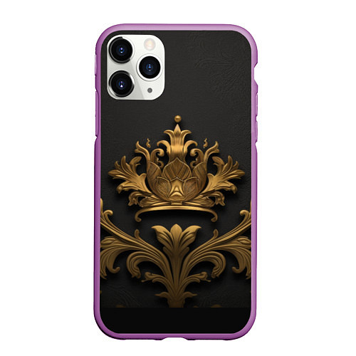 Чехол iPhone 11 Pro матовый Объемная золотая корона с узорами / 3D-Фиолетовый – фото 1