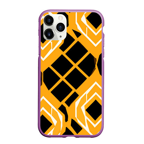 Чехол iPhone 11 Pro матовый Чёрные квадраты и белые полосы на оранжевом фоне / 3D-Фиолетовый – фото 1