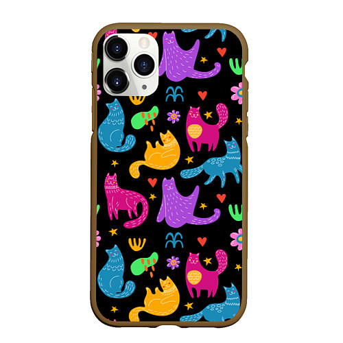 Чехол iPhone 11 Pro матовый Паттерн разноцветных котиков / 3D-Коричневый – фото 1